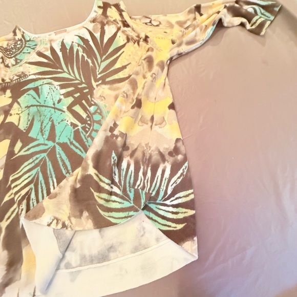 Chico's Cream/Brown/Teal Palm Print 3/4 Sleeve Lightweight Sweater Size 2/Large - Picture 4 of 10